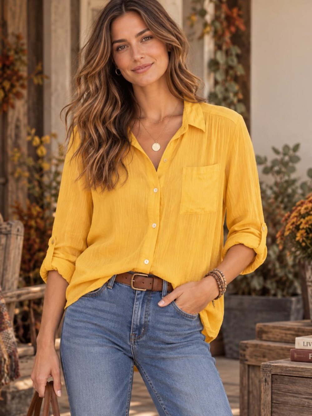 Zac & Rachel Shirt Womens XL Yellow Crinkle Button Down Roll Tab Sleeve Blouse